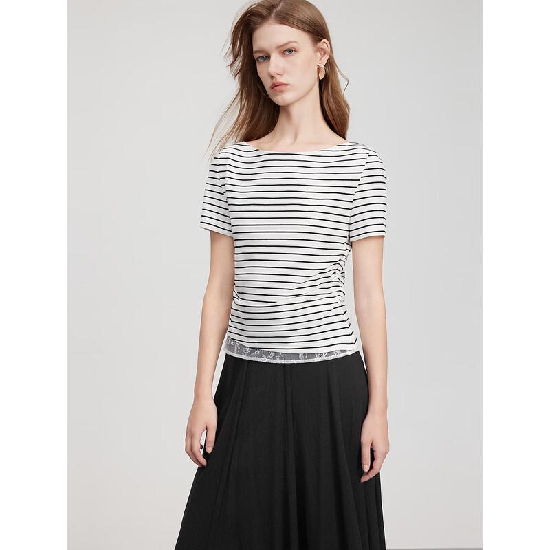 ELLE Striped Lace Patchwork Short Sleeve T-Shirt