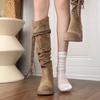 Cowhide version~ retro wasteland fringed knight boots thick heel but knee long boots slim pile medium boots women