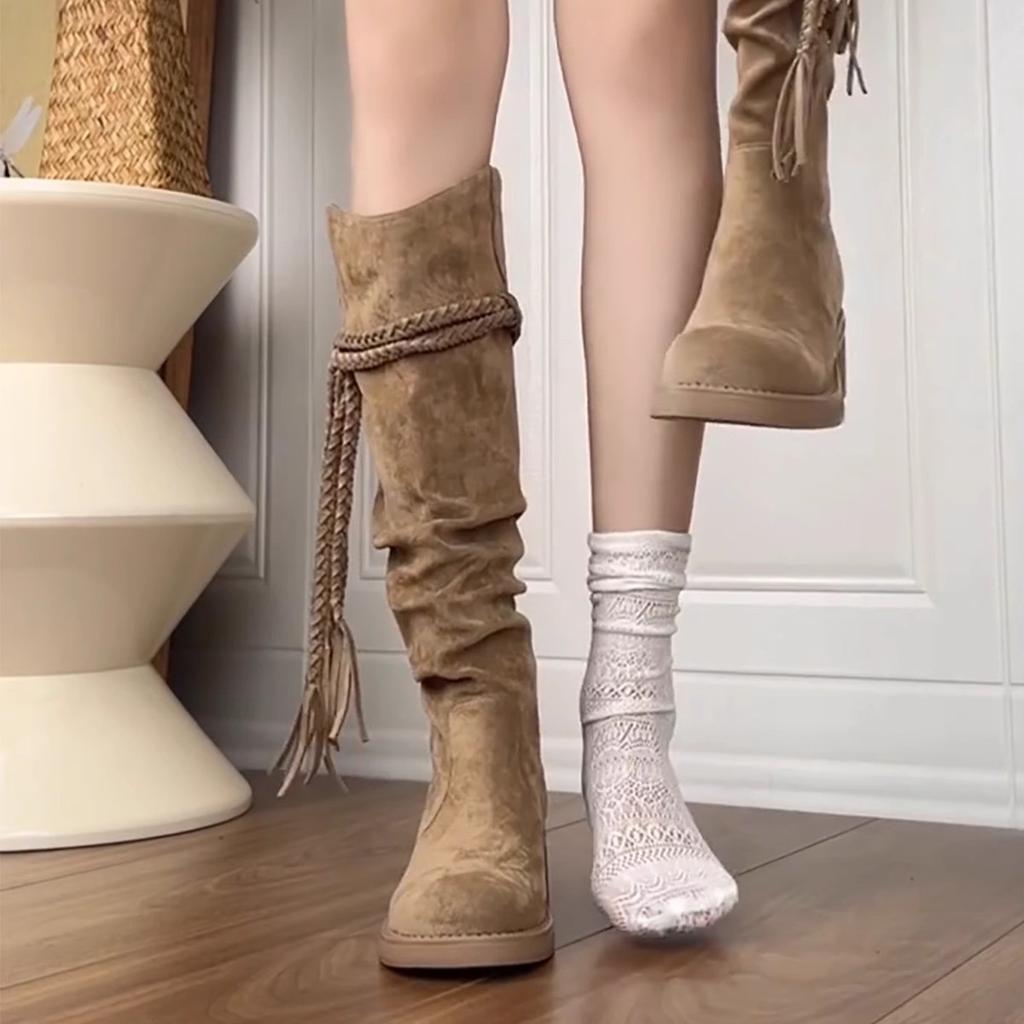 Cowhide Version~ Retro Wasteland Fringed Knight Boots Thick Heel But Knee Long Boots Slim Pile Medium Boots Women