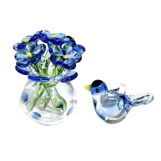 Niedliche Mini-Figur Blume aus Kunstkristall, mundgeblasenes Glas-Bouquet, Sammlerstück, kleines Blumenvasen-Ornament mit Biene/Vogel für Heim- und Büro-Tischdekoration