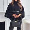 Womens Winter Elegant Wool Blend Cape Coat With Belted Waist Stand Collar