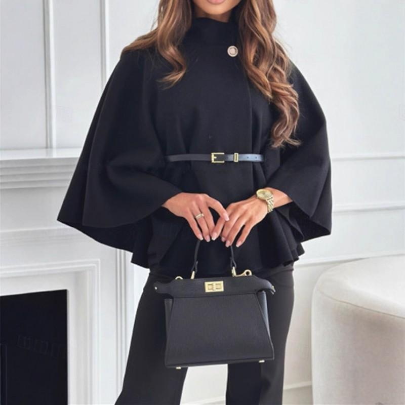 Womens Winter Elegant Wool Blend Cape Coat With Belted Waist Stand Collar