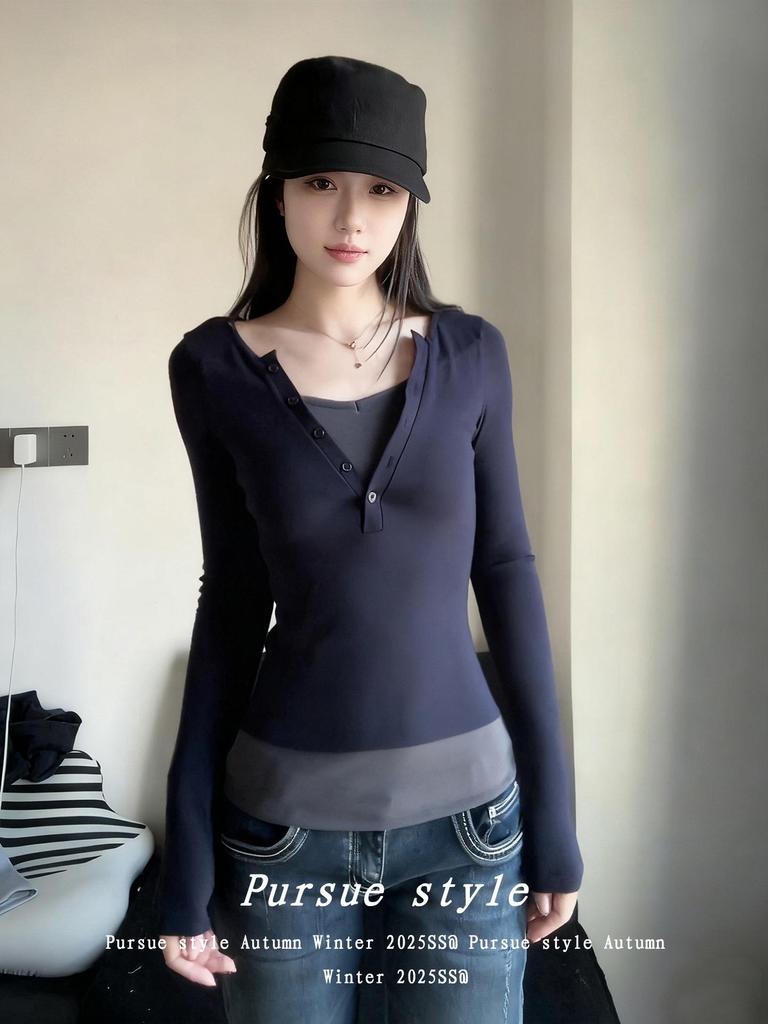 Women's Color Blocked Brushed Cotton Faux Two-Piece Henley Long-Sleeve Slim-Fit Top