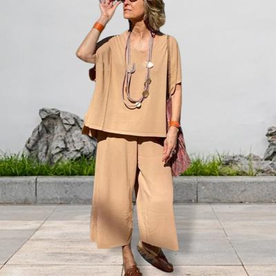 Yousheng 2Stk/Set Damen Sommer Outfit V-Ausschnitt Kurzarm T-Shirt Locker Geschnitten Weitbein Hose Set Einfarbig Lässiges Outfit