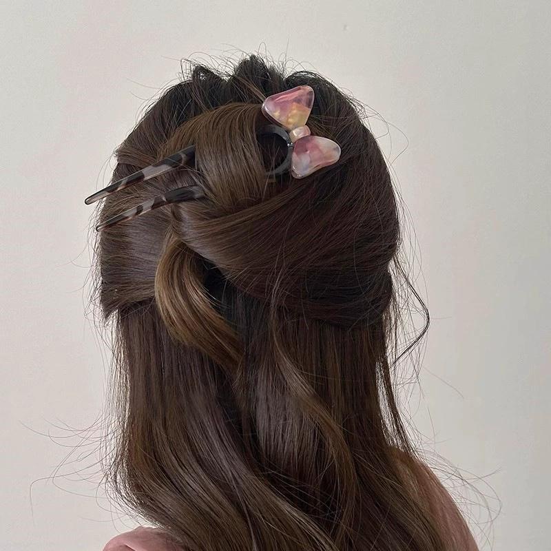 

Летняя ретро заколка-бант из ацетата U-образной формы, женская заколка высокого класса, заколка с шариком, аксессуары для волос