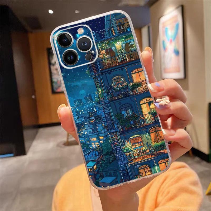 

Phone Case Carcasa Funda For iPhone 17 Pro Max Air 16 15 14 13 Pro Max 15 16 Pro 15Plus House Night Light Moon Scenery Case iPhone 17