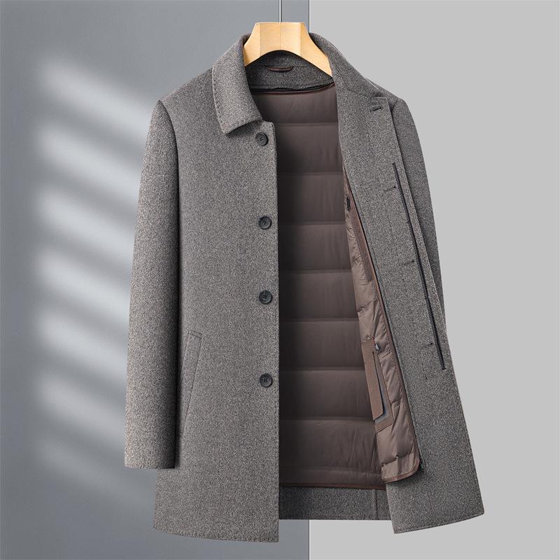 

Мужское зимнее шерстяное пальто с отстегивающейся пуховой подкладкой, двухстороннее шерстяное, с лацканами обычной формы для мужчин среднего возраста. 190/56