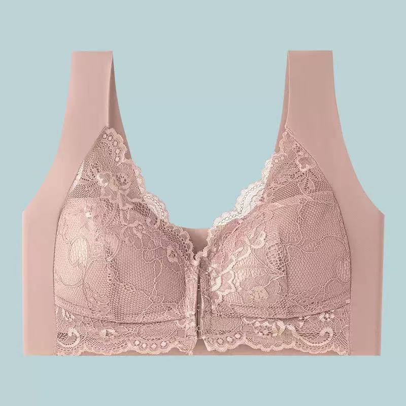 Reggiseno Wireless Rosa con Chiusura Frontale in Pizzo e Supporto Morbido per Donna