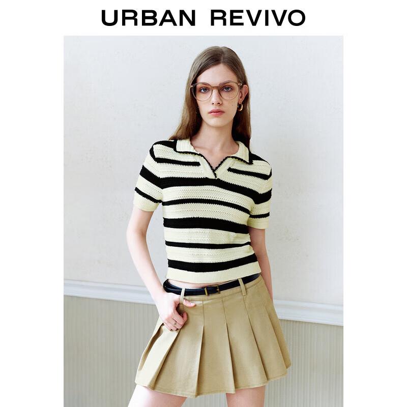 UR 2024 Autumn Women's Color-block Stripe Textured Short Sleeve Knit Top