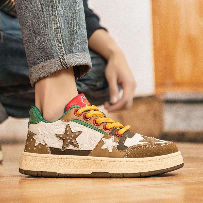 Guochao Niche Fries Burger Star Board Shoes Men's Versatile Campus Style Student Thick Sole Comfortable Shock Casual Shoes