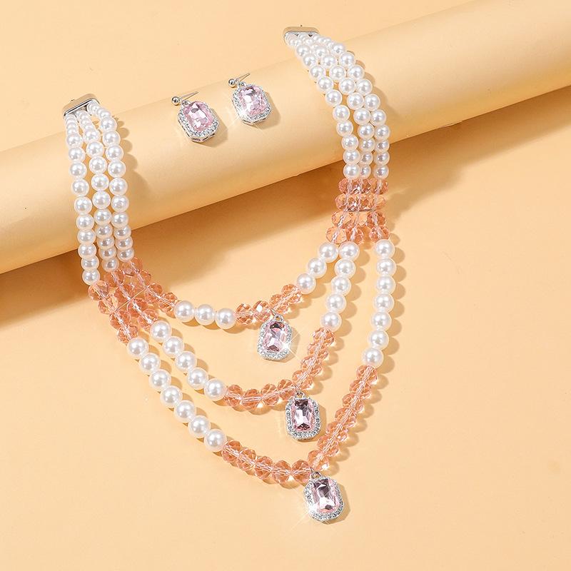 Geometrische Mehrschichtige Imitation Perle Kristall Halskette Ohrstecker Party Imitation Perle Diamant Halskette Schmuckset