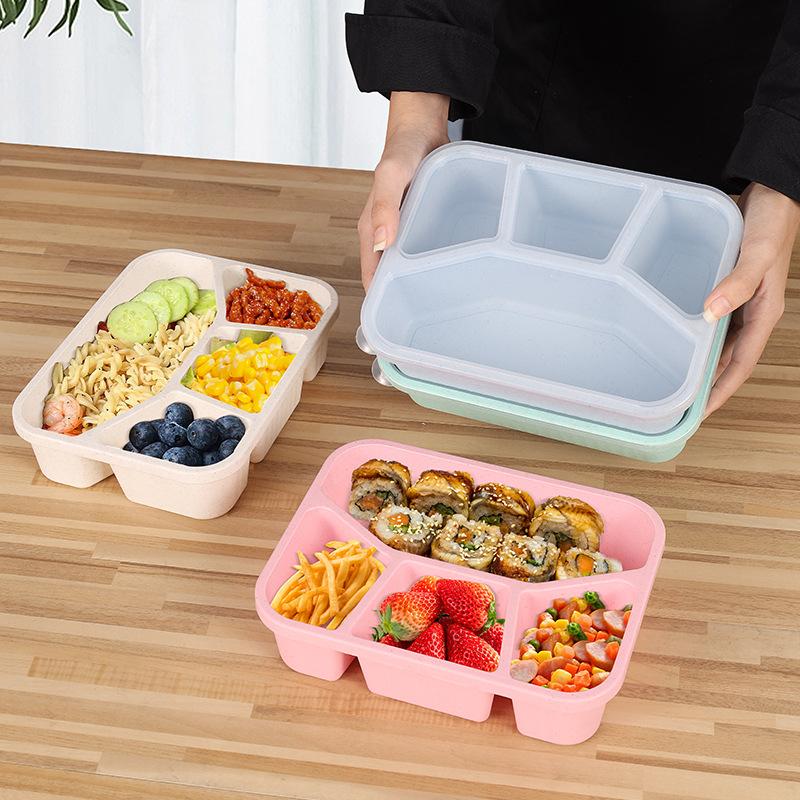 4 Grids Natural Wheat Straw Tableware Lunch Box Dinnerware Storage Biodegradable Unbreakable Plates for Food Salad Snack Student