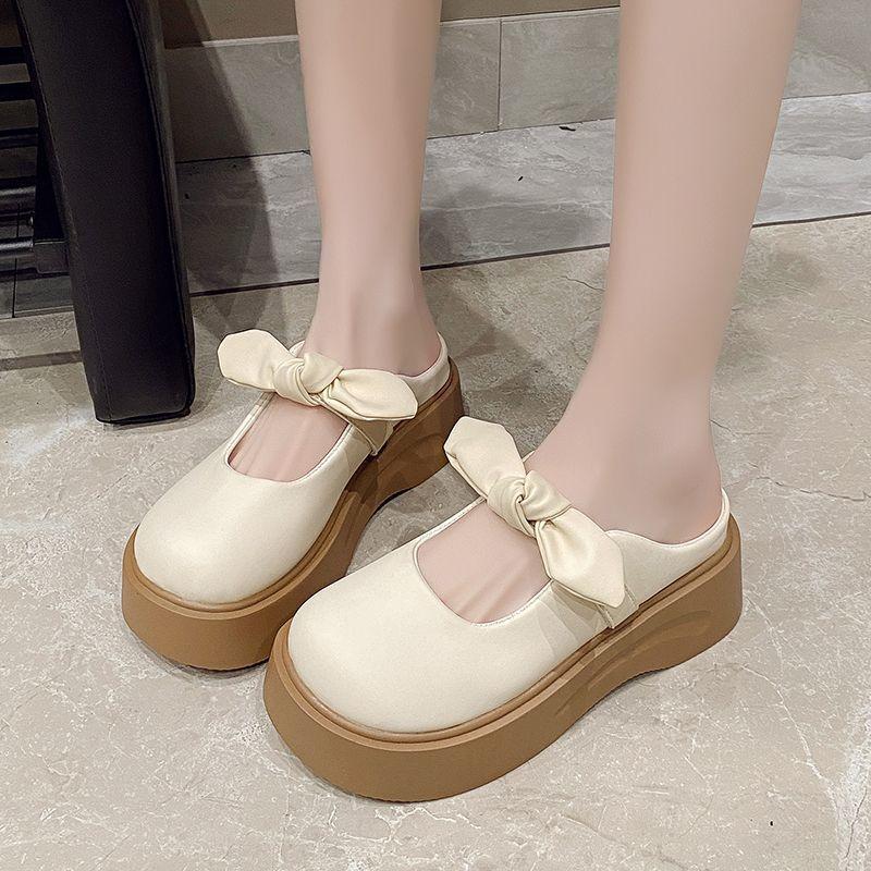 2025 new bag head half slippers women's summer wear thick bottom heightening French gentle bow women's half slippers