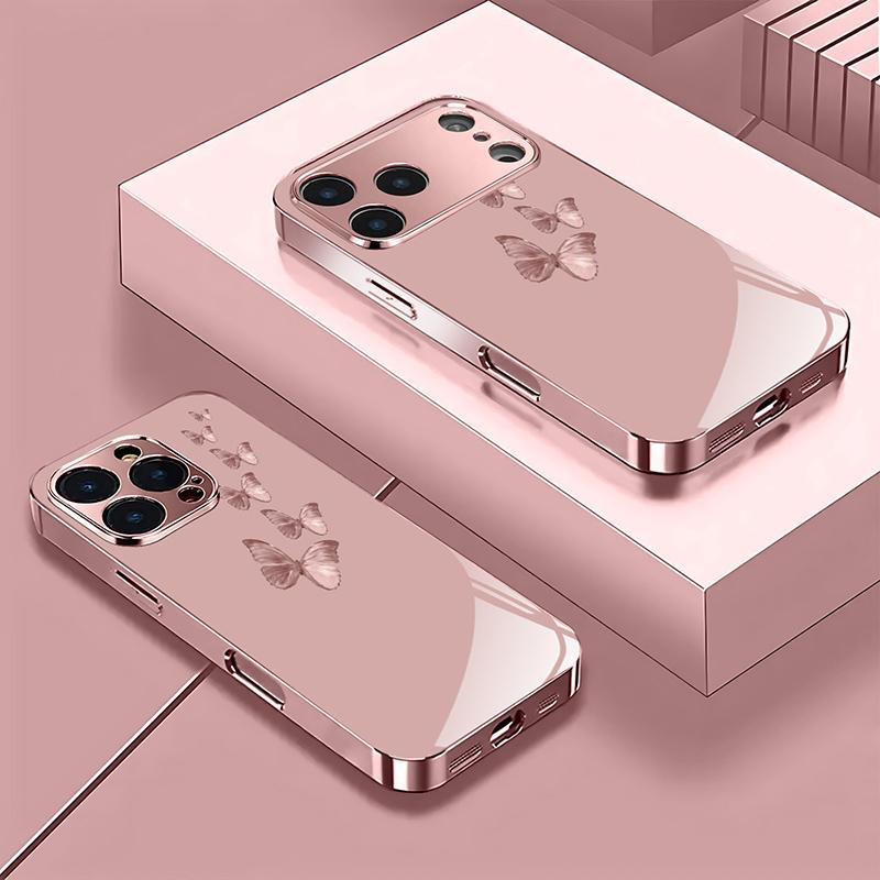 Rosa Schmetterlingsmuster Rosa Metallisch Gehärtetes Glas Handyhülle Für iPhone 17 16 15 14 13 12 11 Pro Max 15 Plus 17 Air 16E Hülle
