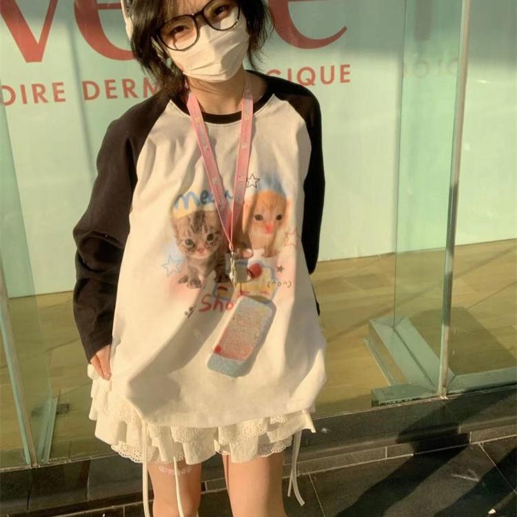 Spring Autumn Oversized T-shirts Youth Harajuku Cute Cartoon Print T Shirt Women Pullover Tshirt Long Sleeve Y2k Tops Streetwear
