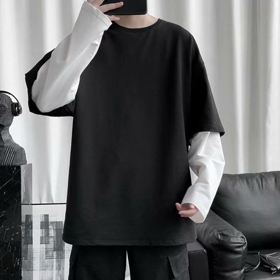Männer T-shirt Gefälschte Zwei Stück Rundhals Langarm Kontrast Farbe Pullover Frühling Lose Patchwork Bodenbildung Shirt Streetwear