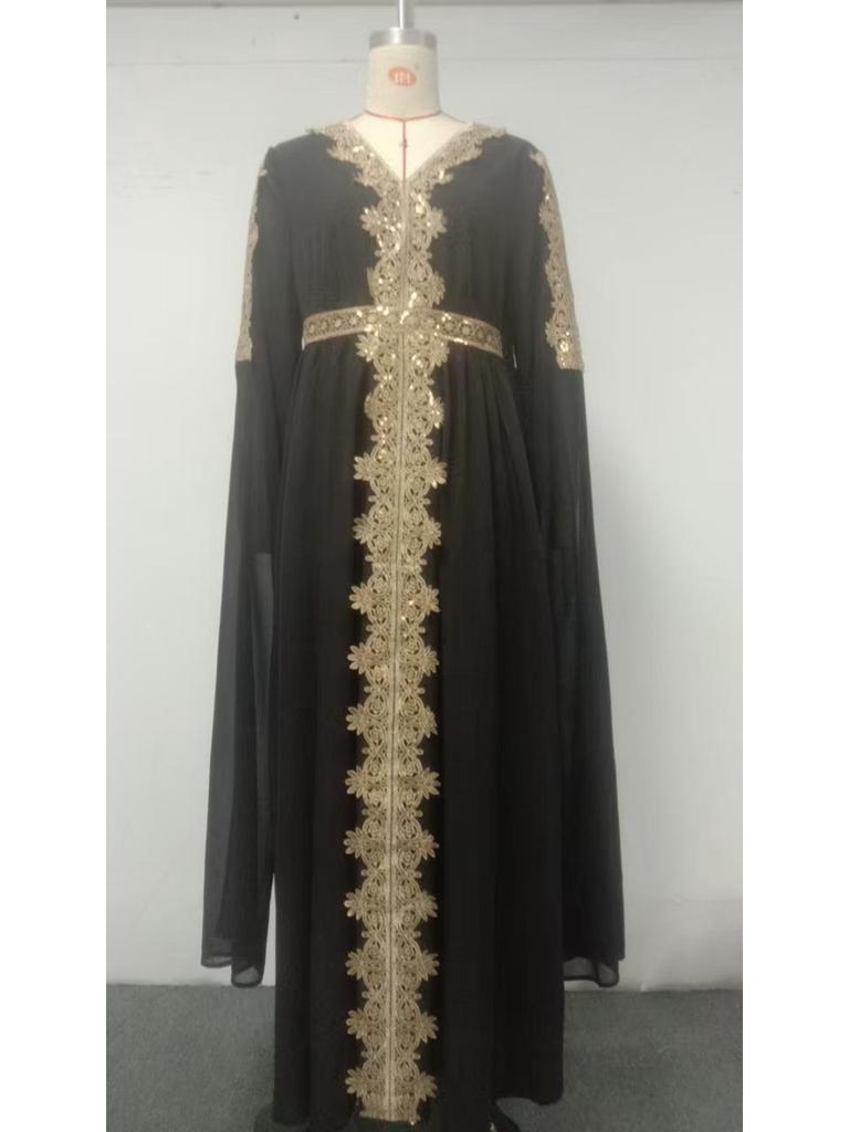 Elegant Retro V-Neck Gold Lace Embroidered Evening Gown