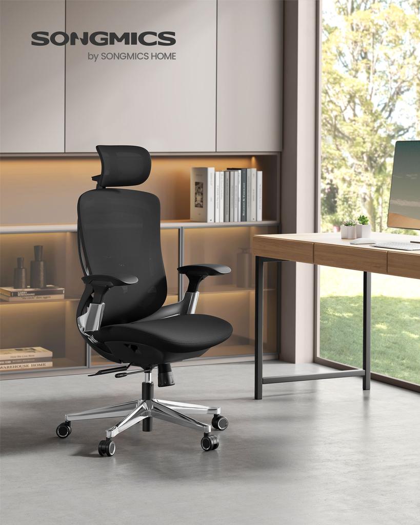 SONGMICS OBN068B01 Ergonomic Adjustable Reclining Office Desk Chair - Front or Back Adjustable Seat - Supports up to 150kg - Ink Black