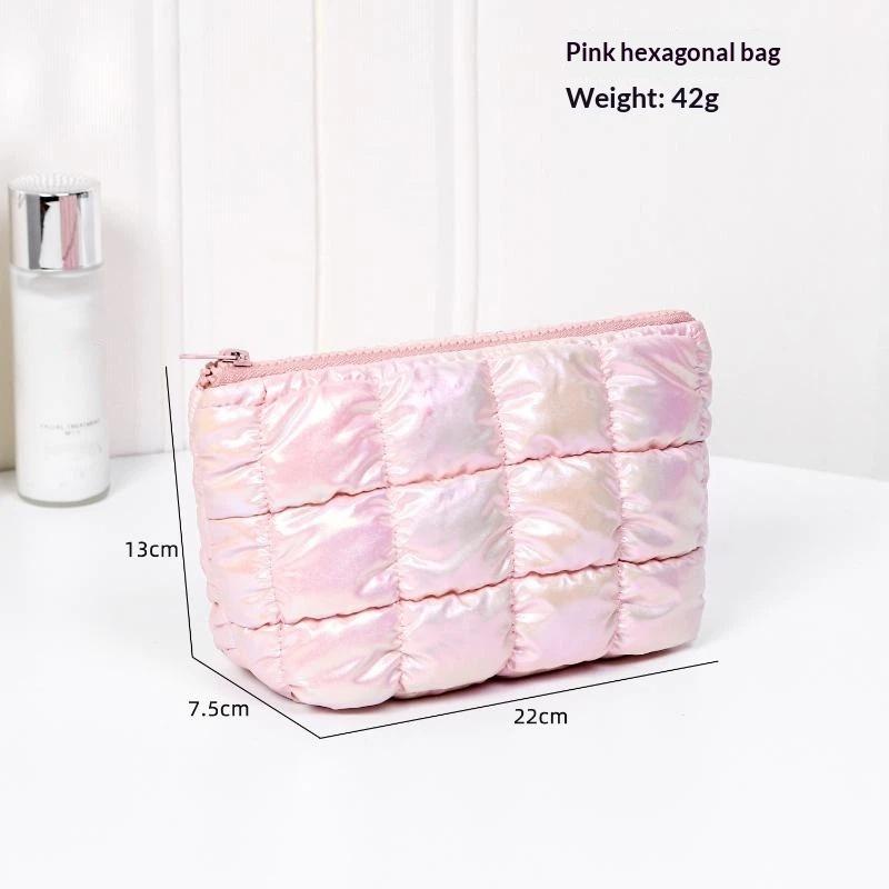 Iridescent Pink Puffy Makeup Bag With Bubble Grid Design Large Capacity For Travel Daily Cosmetic Storage