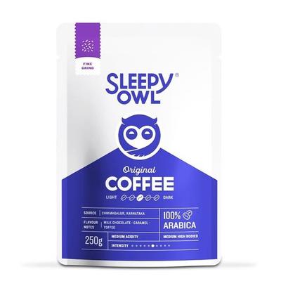 Kawa Mielona Sleepy Owl Original | Kawa Drobno Mielona | Kawiarka, Domowe Espresso | Średni Palenie | 100% Arabica | Świeżo Palona i Mielona | 250g