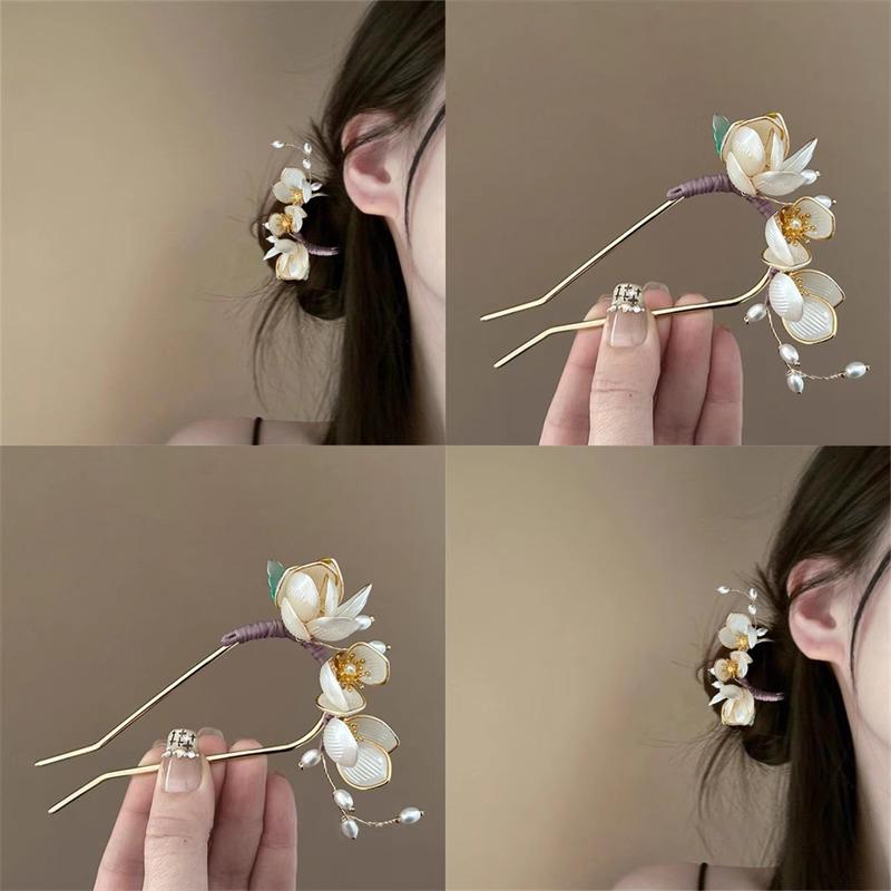 1Pcs Party U-Shaped Hair Pin Hair Accessories Elegant Retro Magnolia Flower Alloy Hair Clip Perfect For Curling Or Straight Hair