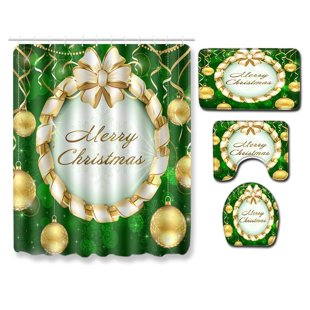 Christmas Shower Curtain Floor Mat Combination Four-Piece Set Bathroom Toilet Carpet Shower Room Mat Foot Mat