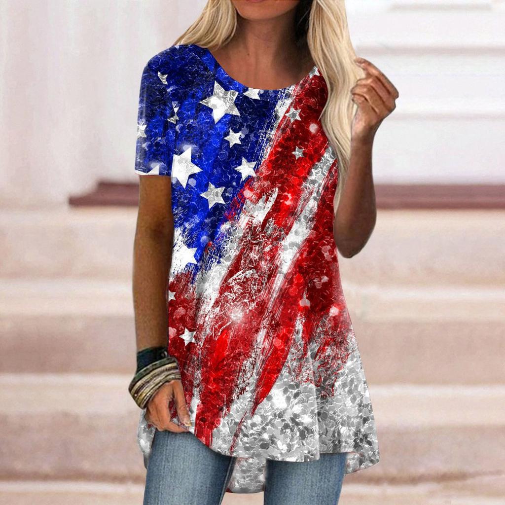 Women's Round Neck Short Sleeve Geometric Print Tunic Top Casual Asymmetrical Hem Blouse