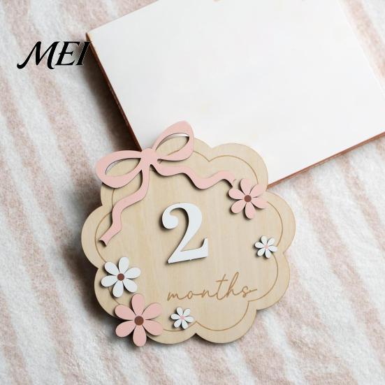 Baby Growth Record Decoration Monthly Milestone Ornaments, Wooden Markers with 3D Bow And Flower Newborn Gift Decoration, Cards for Photos Keepsake