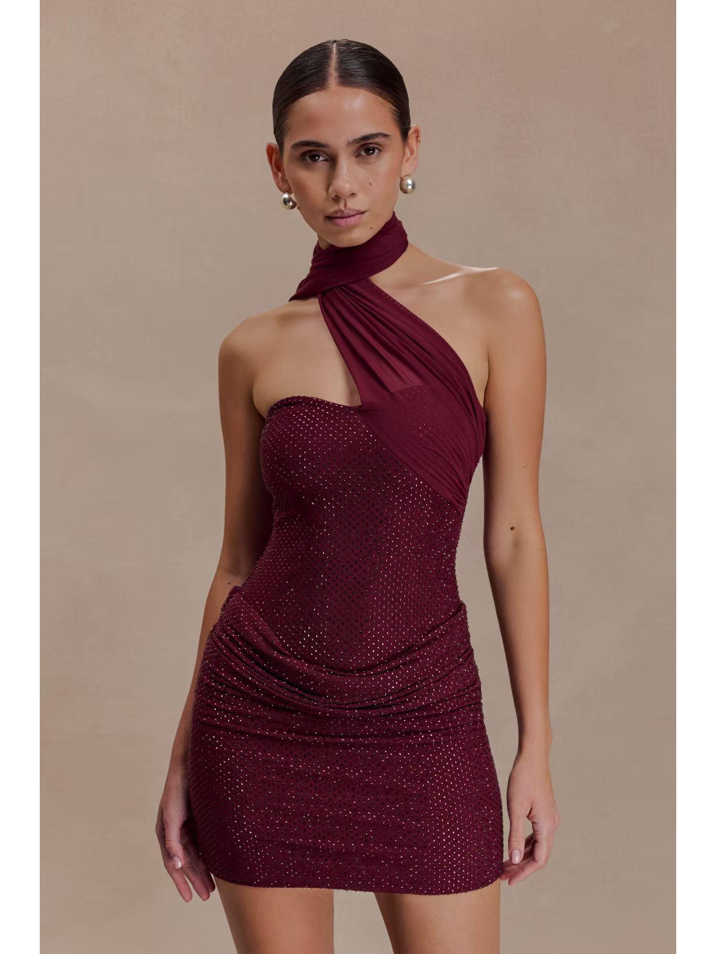 

HELJ83 Women s Fashion Sequin Backless Low-Cut Short Skirt - Sexy and Slightly Mature Design Extra Small бордовый
