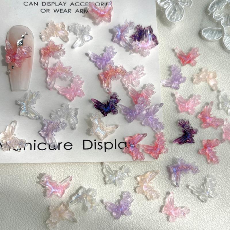 30Pcs Diy Nail Art Decor 3D Butterfly Flower Jewelry Nail Drill Aurora Resin Butterfly Glitter Rose Nail Diamond Manicure Design
