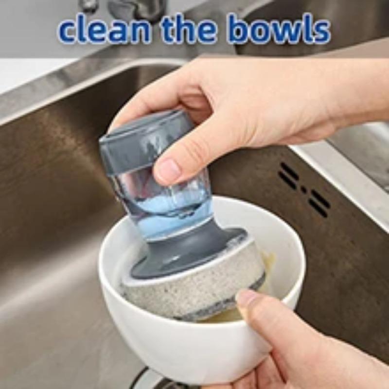 Set of 2 Dish Brush with Soap Dispenser, Kitchen Dish Scrubbers Set with Draining Tray for Washing Dishes/Pots