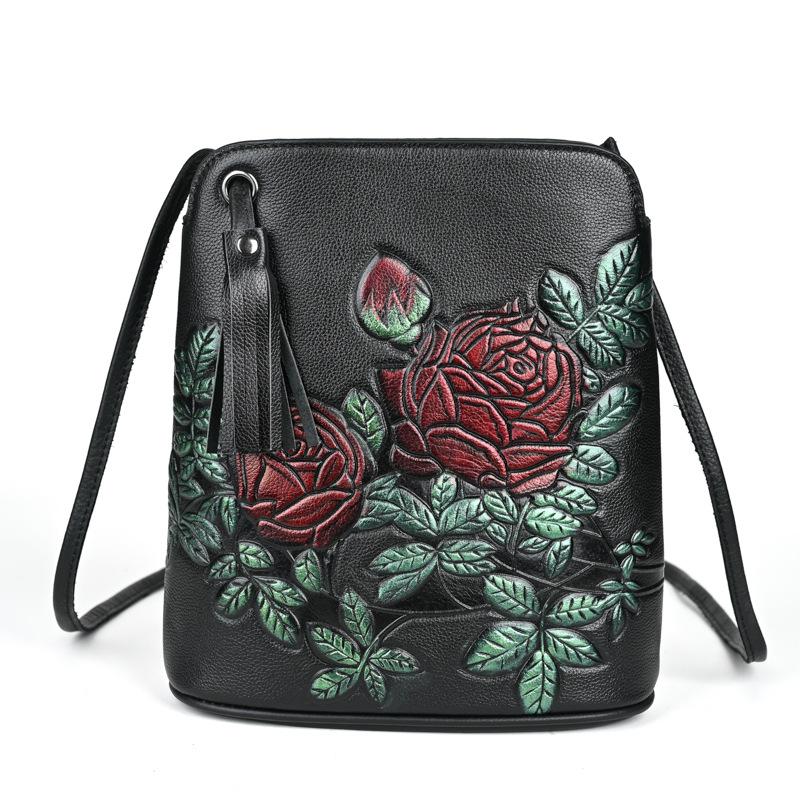 First Layer Cowhide Niche New Lightweight and Versatile Casual Bucket Bag Flower Large Capacity Leather Crossbody Shoulder Bag for Women