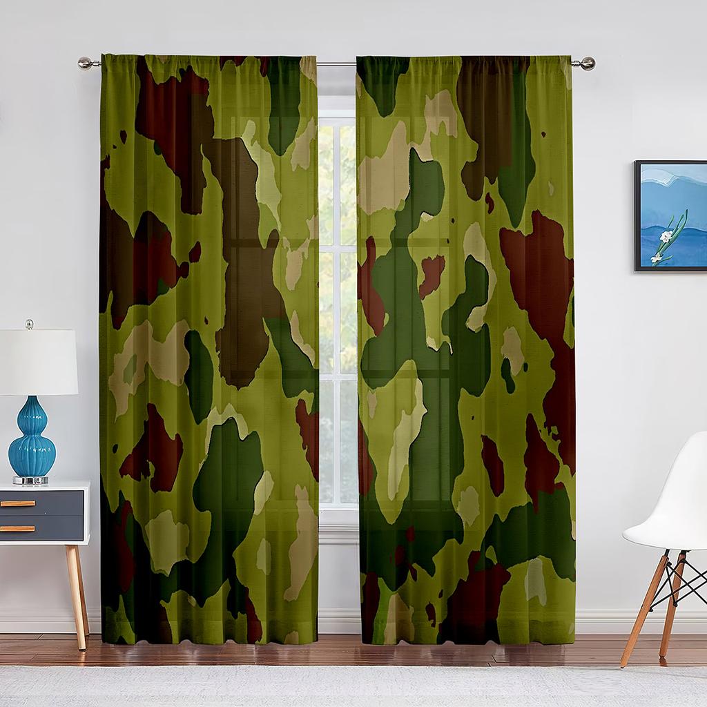 Wojskowy zielony kamuflaż leśny kamuflaż brązowy tiulowe zasłony do salonu kuchnia sypialnia prześwitujące zasłony okienne