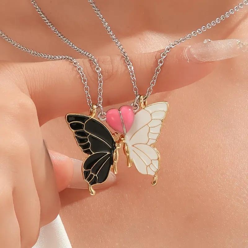 1 Pair Glowing In Dark Butterfly Pendant Necklaces With Magnetic Heart Clasp Detail For Best Friend Gift
