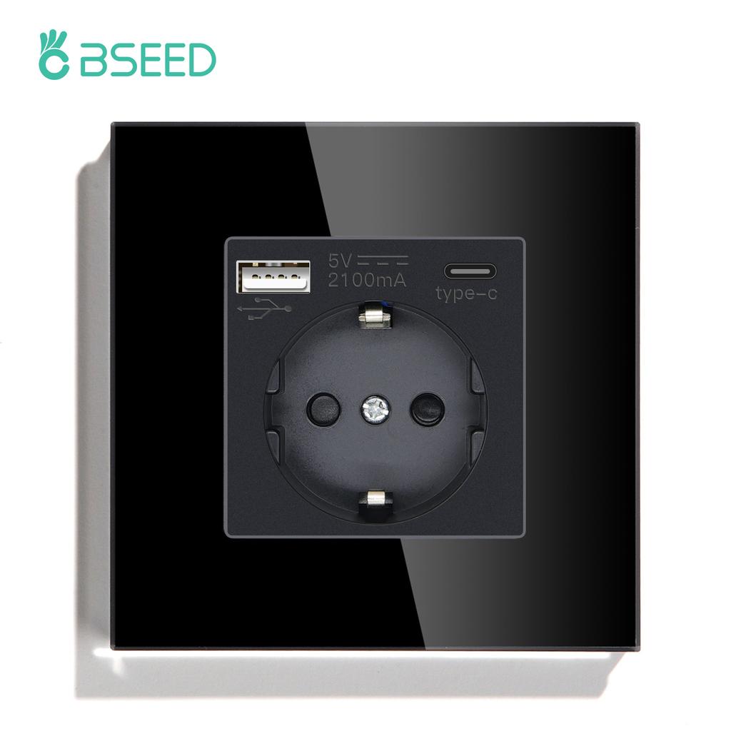 BSEED 1/2/3fach Touchschalter 1-Weg Lichtschalter mit EU-Wandsteckdosen USB Typ-C Steckdosen Glasplatte Schwarz