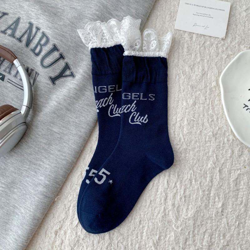 

Носки с кружевом и бахромой в стиле Лолита для женщин, носки до середины икры, модный тренд с надписями, махровые носки 1 pair синий