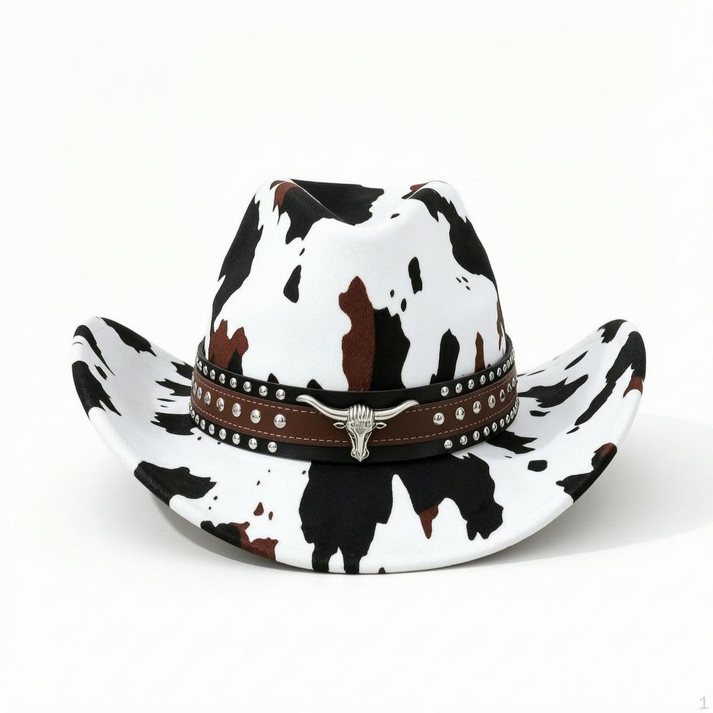 Cowboy Hat with Metal Rivets Bovine Pattern Wide Brim Headwear