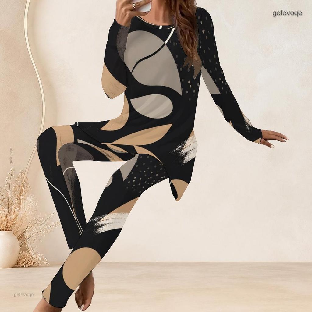 Women Plus Size Round Neck Long Sleeve Printed Longline Top Fitted Pants Two Piece Set