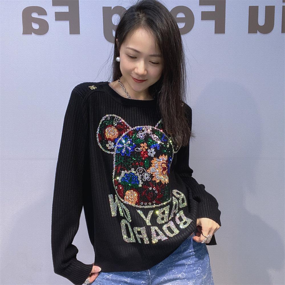 

Round-neck Striped Knitted Sweater for Women s Autumn and Winter Fashion Top, Slimming Water Diamond Long-sleeved Sweater One size чорний