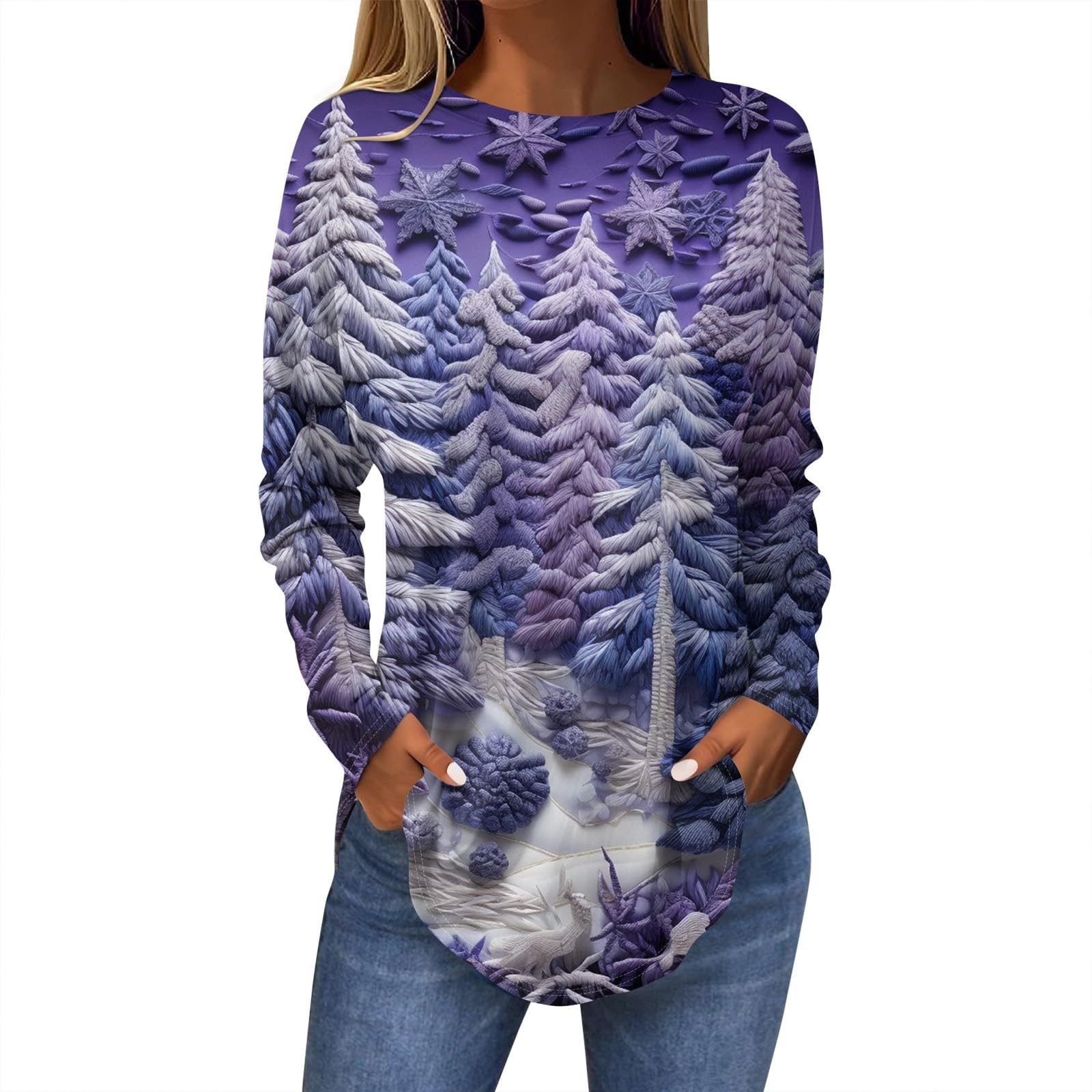 Christmas Limited Edition Women s 3D Cartoon Christmas Tree Printed Round Neck Long Sleeve T-shirt Casual Long Sleeve Top S