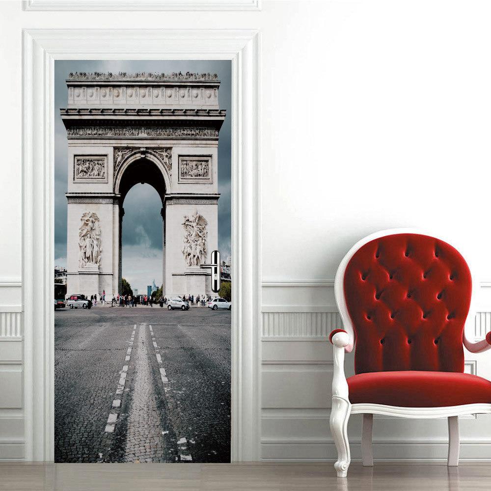 3D Arc De Triomph Door Stickers Self-Adhesive Peel and Stick Wallpaper Wall Stickers Decoration Removable Vinyl DIY Wall Decal