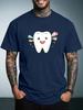 Unisex Summer White Short Sleeve Tee Cartoon Smiling Tooth Color Sparkle Graphic Print Crew Neck Loose Male Casual Streetwear Tops
