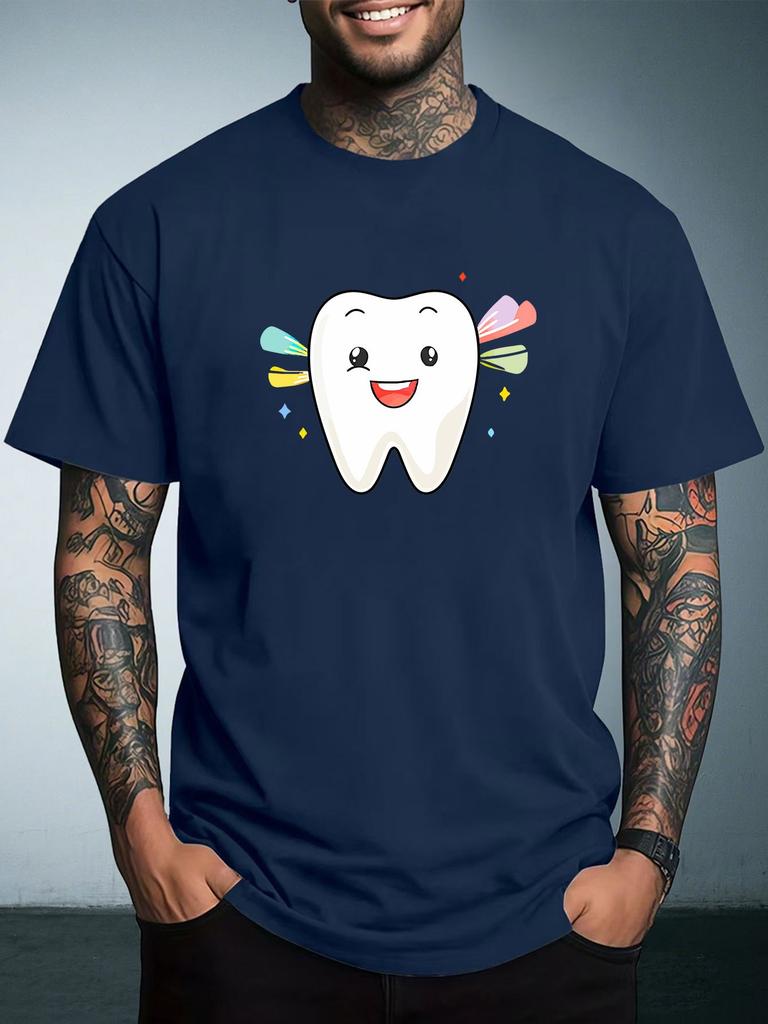 Unisex Summer White Short Sleeve Tee Cartoon Smiling Tooth Color Sparkle Graphic Print Crew Neck Loose Male Casual Streetwear Tops