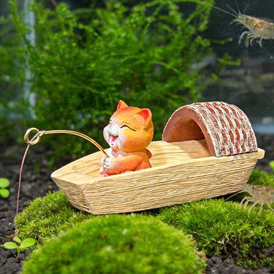 Schwimmende Anglerkatze Figur Schwarzes Sonnensegel Boot Cartoon Katze Statue Harz Skulptur Aquarien Aquarium Mikrolandschaft Dekoration Ornament