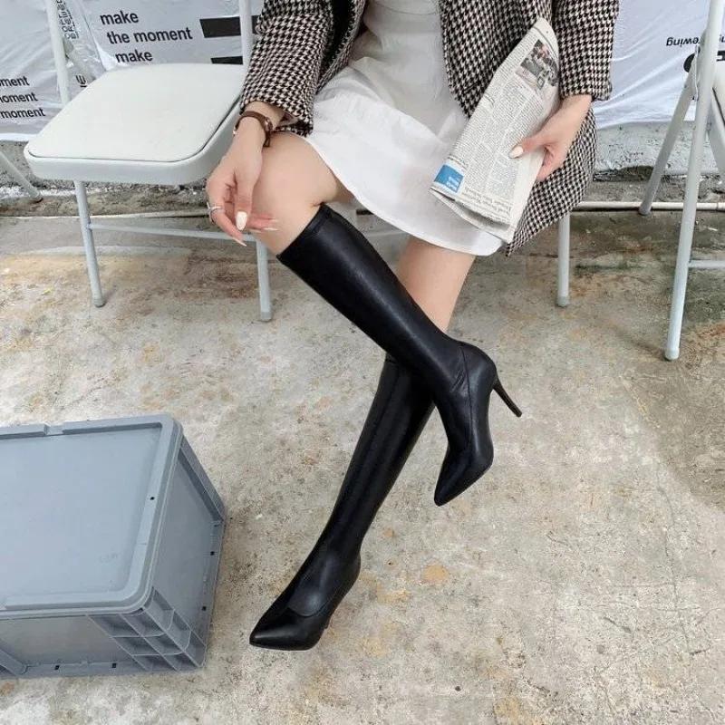 Fashion Leather Stiletto Heel Pointed Toe Long Boots for Women 2025 New Demi-season Work Goth Fashion Hot Knee High Shaft Shoes Woman