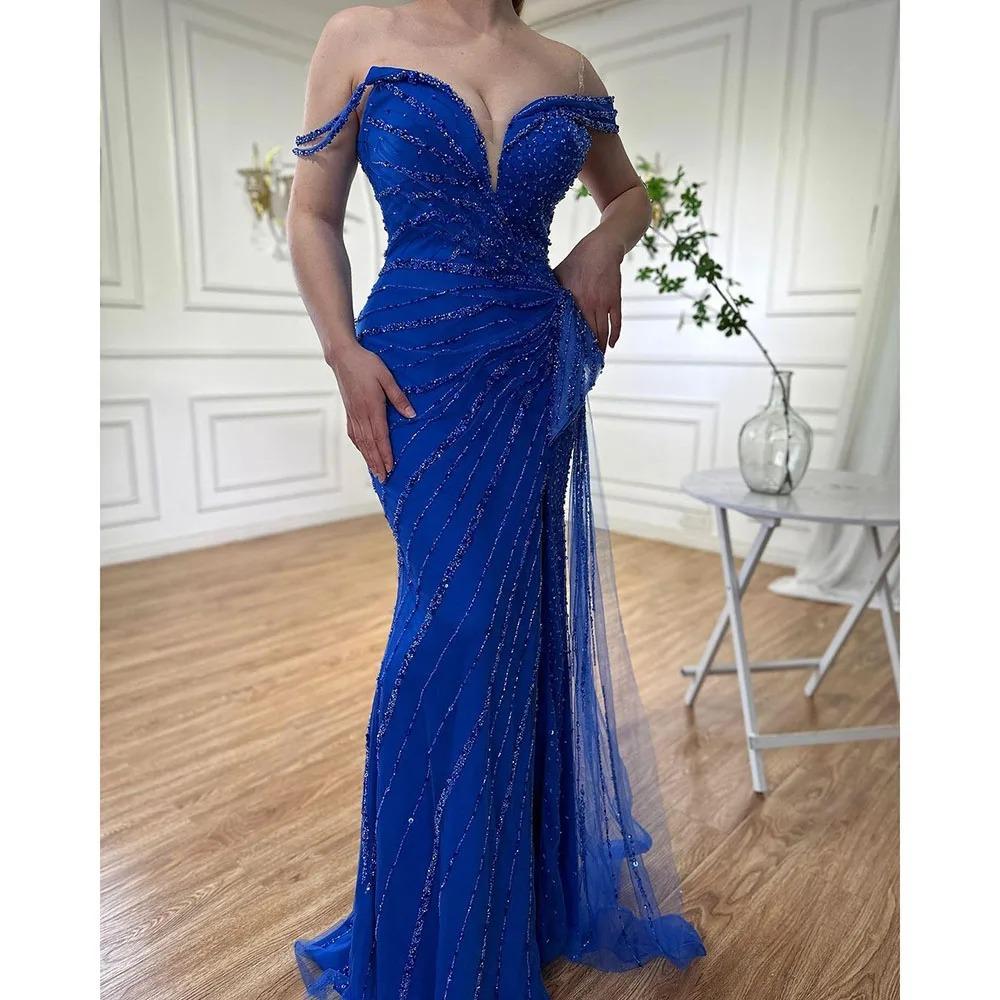 High-end sexy one-word shoulder fish blue split fork fish tail temperament socialite banquet host dress LA11111