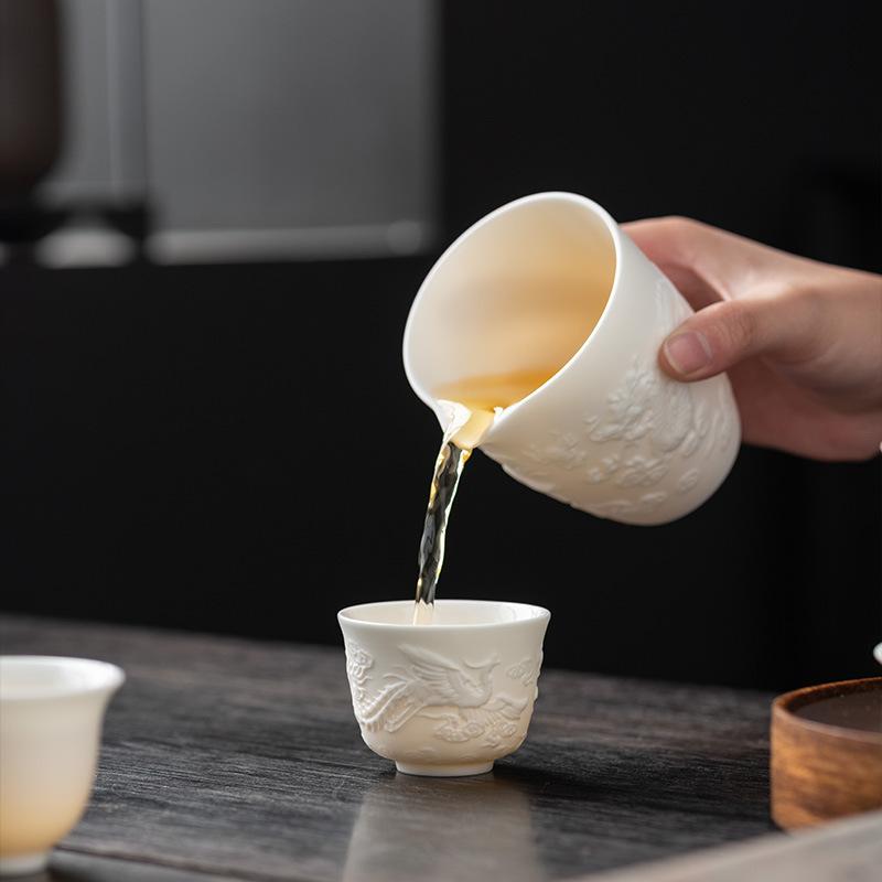 Suet Jade White Porcelain Relief Teacup Master Cup Dragon and Phoenix Cup Personal Single Cup Vegetarian Fired Kung Fu Ceramic Handmade Tea