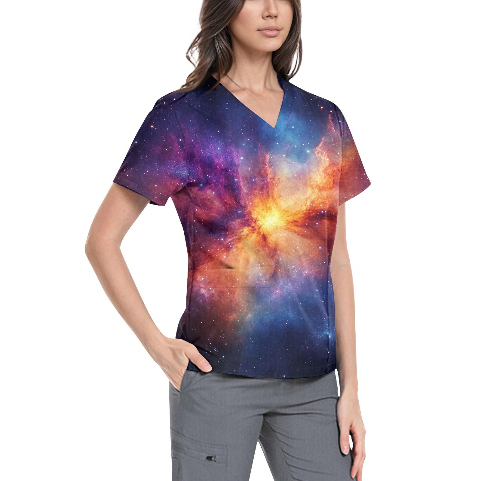 

Женская симпатичная принтованная рабочая одежда с V-образным вырезом, двухслойными карманами, базовым коротким рукавом, пуловером XXXL