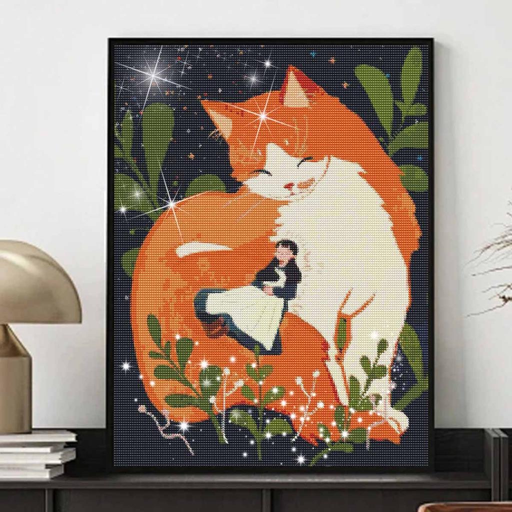 5D FullDrill Round Diamond Painting Kit for Bedroom Cat and Girl Decor. Mosaic Craft Wall Art