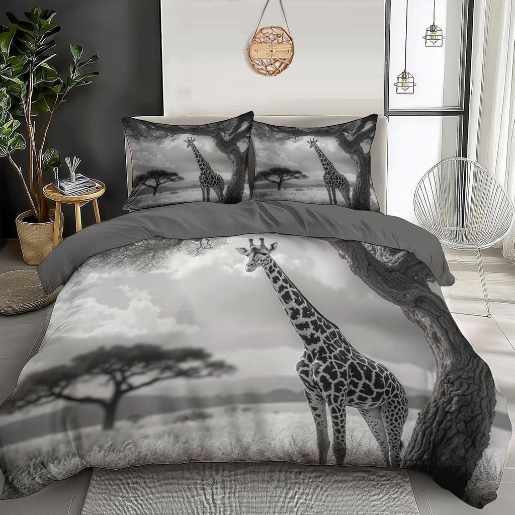 Giraffe 3D-gedruckte Bettbezug-Bettwäsche-Set, Weiche Mikrofaser-Kissenbezüge, Versteckter Reißverschluss Wildtier-Steppdeckenbezüge Für Kinder Jugendliche